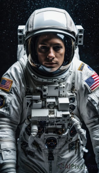 solo,looking at viewer,blue eyes,gloves,1boy,upper body,male focus,helmet,star (sky),science fiction,realistic,space,american flag,spacesuit,japanese flag,astronaut,star (symbol),starry sky,reflection,starry background,planet,flag print,earth (planet),space helmet,united states,american flag print