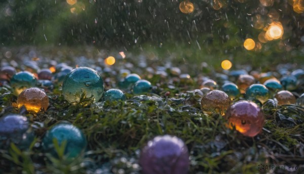 outdoors, blurry, no humans, night, depth of field, scenery, rain, water drop, hydrangea