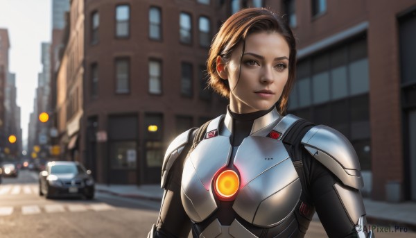 1girl,solo,looking at viewer,short hair,brown hair,brown eyes,closed mouth,upper body,outdoors,day,artist name,armor,blurry,lips,bodysuit,depth of field,blurry background,ground vehicle,building,motor vehicle,breastplate,city,realistic,nose,car,road,street,power armor,signature,lens flare,backlighting,science fiction