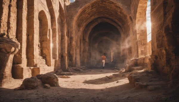 solo,standing,weapon,outdoors,day,no humans,sunlight,building,scenery,light rays,ruins,pillar,statue,desert,arch,dust,column,1boy,male focus,sky,rock,sand