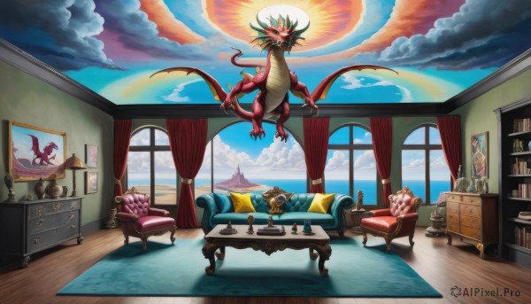 tail,wings,horns,sky,day,cloud,indoors,water,cup,blue sky,pillow,book,no humans,window,bed,ocean,chair,table,cloudy sky,bottle,curtains,scenery,couch,wooden floor,dragon,bookshelf,lamp,scales,photo (object),bedroom,rainbow,vase,picture frame,painting (object),carpet,picture (object),rug,flower,desk,drawer,globe,phonograph