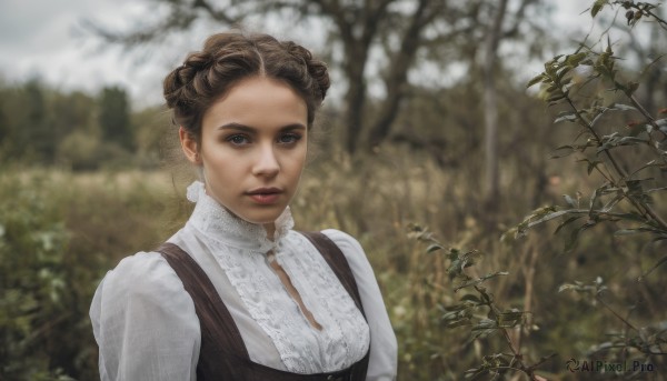 1girl,solo,looking at viewer,short hair,brown hair,shirt,dress,brown eyes,jewelry,closed mouth,white shirt,upper body,earrings,outdoors,day,blurry,tree,lips,depth of field,blurry background,plant,nature,forest,realistic,blue eyes,parted lips,grey eyes,blouse,curly hair,red lips