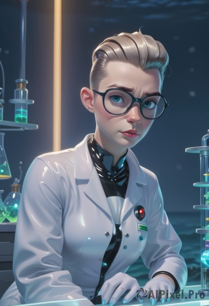 1girl,solo,breasts,looking at viewer,short hair,blue eyes,blonde hair,gloves,long sleeves,jewelry,medium breasts,closed mouth,jacket,upper body,glasses,artist name,indoors,white gloves,nail polish,lips,coat,bodysuit,makeup,watermark,lipstick,forehead,freckles,black-framed eyewear,nose,labcoat,white coat,badge,latex,hair slicked back,test tube,flask,vial,brown hair,shirt,uniform,buttons,realistic