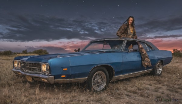 black hair,1boy,jacket,male focus,outdoors,sky,cloud,tree,night,facial hair,grass,ground vehicle,star (sky),night sky,scenery,motor vehicle,beard,starry sky,brown jacket,car,vehicle focus,sports car,solo,long hair,cloudy sky,sunset,evening,dusk