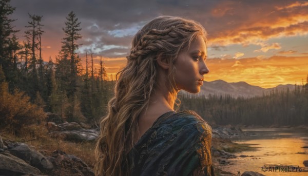 1girl,solo,long hair,blonde hair,upper body,braid,outdoors,sky,cloud,signature,water,tree,lips,profile,wavy hair,cloudy sky,nature,scenery,french braid,forest,sunset,rock,mountain,realistic,nose,river,landscape,lake,from behind,from side,twilight