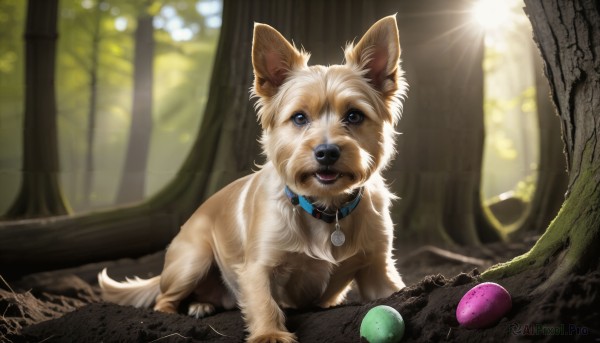 HQ,solo,open mouth,blue eyes,full body,outdoors,day,signature,blurry,collar,tree,no humans,animal,sunlight,nature,forest,dog,realistic,animal focus,animal collar,looking at viewer,brown eyes,tongue,necklace,depth of field,blurry background