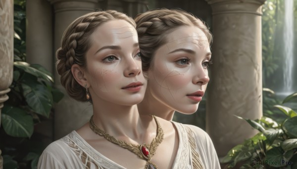 short hair,blue eyes,multiple girls,brown hair,dress,2girls,brown eyes,jewelry,upper body,braid,earrings,parted lips,water,necklace,white dress,lips,grey eyes,siblings,leaf,plant,sisters,portrait,french braid,dual persona,freckles,twins,realistic,nose,crown braid,pillar,waterfall,column,outdoors,makeup,sunlight,gem,red lips