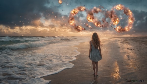 1girl, solo, long hair, brown hair, dress, bare shoulders, standing, outdoors, sky, sleeveless, cloud, water, from behind, dutch angle, sleeveless dress, blue dress, ocean, beach, cloudy sky, scenery, reflection, sunset, sand, arms at sides, horizon, facing away, explosion, waves