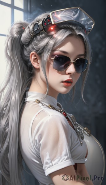 1girl,solo,long hair,breasts,looking at viewer,shirt,jewelry,medium breasts,underwear,white shirt,upper body,ponytail,short sleeves,grey hair,parted lips,shiny,indoors,necklace,bra,mole,blurry,from side,lips,wet,see-through,window,blurry background,chain,sunglasses,wet clothes,realistic,nose,red lips,wet shirt,tinted eyewear,bra visible through clothes,bangs,blue eyes,sidelocks,teeth,artist name,looking to the side,makeup,lipstick,goggles,eyewear on head