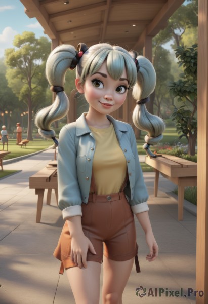 1girl,solo,long hair,breasts,looking at viewer,smile,bangs,blonde hair,shirt,hair ornament,long sleeves,twintails,brown eyes,closed mouth,standing,jacket,flower,white hair,grey hair,multicolored hair,outdoors,multiple boys,open clothes,sky,shorts,solo focus,day,artist name,cloud,two-tone hair,open jacket,tree,blue sky,lips,looking to the side,short shorts,buttons,chair,table,thick eyebrows,suspenders,grass,blue shirt,blue jacket,walking,yellow shirt,nose,arms at sides,bench,brown shorts,suspender shorts,high-waist shorts,denim jacket,blush,blue hair,people