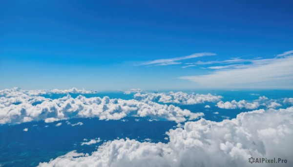 monochrome,outdoors,sky,day,cloud,water,blue sky,no humans,ocean,cloudy sky,scenery,blue theme,horizon,landscape,above clouds,bird,flock