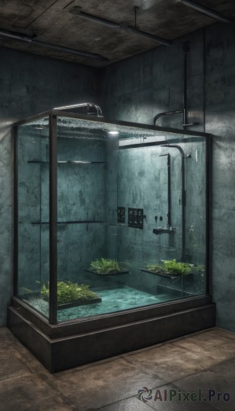 indoors,water,tree,no humans,window,plant,scenery,door,tiles,fish,underwater,tile floor,moss,industrial pipe,overgrown