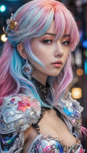 1girl,solo,long hair,breasts,looking at viewer,bangs,large breasts,hair ornament,cleavage,jewelry,medium breasts,closed mouth,blue hair,upper body,pink hair,multicolored hair,earrings,armor,blurry,black eyes,two-tone hair,lips,looking to the side,grey eyes,eyelashes,gradient hair,makeup,blurry background,piercing,lipstick,shoulder armor,gem,eyeshadow,pauldrons,realistic,nose,eyeliner,mascara,blue eyes,hair between eyes,artist name,depth of field,portrait,bokeh