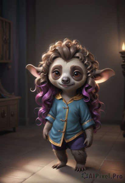 1girl,solo,long hair,looking at viewer,smile,brown hair,shirt,animal ears,brown eyes,closed mouth,standing,full body,purple hair,short sleeves,multicolored hair,shorts,artist name,indoors,blurry,gradient hair,blurry background,blue shirt,furry,curly hair,furry female,candle,fewer digits,open mouth,male focus,teeth,two-tone hair,claws,freckles,brown fur