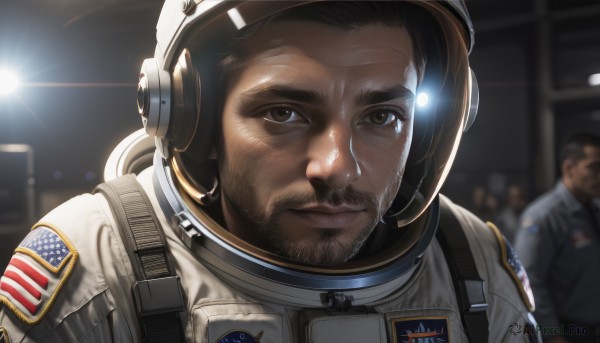 looking at viewer,brown hair,1boy,brown eyes,closed mouth,upper body,male focus,multiple boys,solo focus,2boys,blurry,uniform,blurry background,facial hair,3boys,helmet,portrait,beard,realistic,mustache,stubble,police,american flag,astronaut,indoors,lips,headphones,lens flare,headset,serious,nose,spacesuit