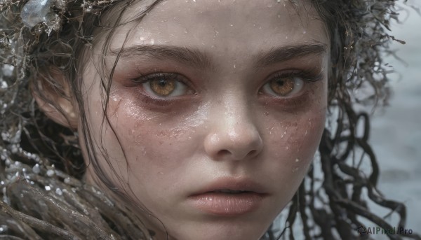 1girl,solo,long hair,looking at viewer,brown hair,black hair,brown eyes,closed mouth,parted lips,water,blurry,lips,wet,eyelashes,blurry background,portrait,close-up,forehead,freckles,curly hair,realistic,nose,yellow eyes,depth of field,expressionless,water drop,wet hair