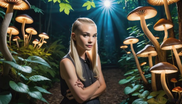 1girl,solo,long hair,looking at viewer,smile,blonde hair,dress,brown eyes,upper body,outdoors,sleeveless,tree,lips,crossed arms,sunlight,plant,nature,forest,light rays,realistic,sunbeam,mushroom,shirt,braid,nail polish,leaf,parody,red nails