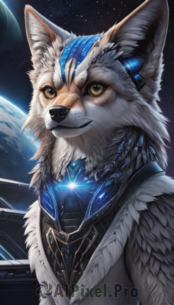 solo,smile,1boy,brown eyes,yellow eyes,upper body,male focus,sky,signature,no humans,glowing,animal,robot,star (sky),furry,starry sky,science fiction,realistic,space,furry male,planet,whiskers,alien,earth (planet),looking at viewer,animal ears,closed mouth,artist name,watermark,portrait,mecha