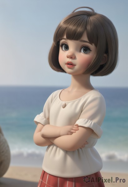 1girl,solo,looking at viewer,short hair,bangs,skirt,brown hair,shirt,hat,brown eyes,jewelry,standing,collarbone,white shirt,upper body,short sleeves,pleated skirt,outdoors,parted lips,sky,day,artist name,blunt bangs,water,necklace,blurry,black eyes,blue sky,lips,plaid,depth of field,blurry background,red skirt,ocean,plaid skirt,beach,crossed arms,bob cut,blouse,child,nose,sand,horizon,red lips,female child,blush,ahoge,eyelashes,watermark,realistic