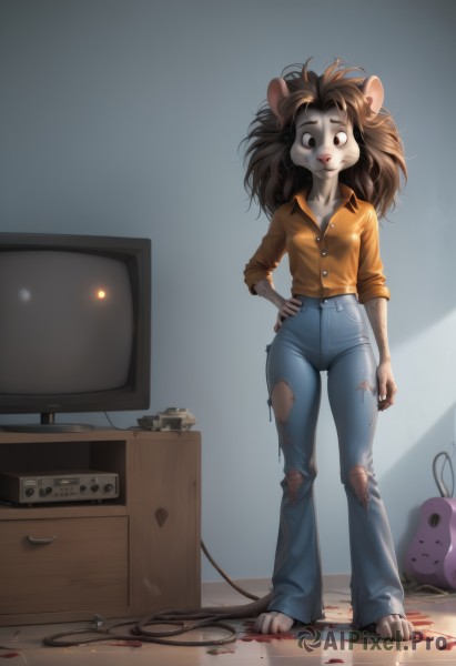 1girl,solo,long hair,breasts,looking at viewer,smile,brown hair,shirt,animal ears,brown eyes,standing,collarbone,tail,full body,small breasts,barefoot,collared shirt,pants,artist name,indoors,signature,grey background,black eyes,flat chest,hand on hip,torn clothes,blood,buttons,watermark,stuffed toy,stuffed animal,denim,messy hair,claws,furry,jeans,wide-eyed,mouse ears,furry female,blue pants,controller,cable,mouse tail,body fur,television,orange shirt,game controller,animal nose,mouse,torn pants,snout,game console,remote control,buck teeth,torn jeans,black hair,long sleeves,closed mouth,parted lips,teeth,feet,ass visible through thighs,looking down,thigh gap,sleeves rolled up,backlighting,pocket,yellow shirt,shirt tucked in,brown shirt,constricted pupils,straight-on,broken,damaged,two-tone fur,keyboard (computer),drawer,holding controller,animal feet,messy,playstation controller,holding game controller