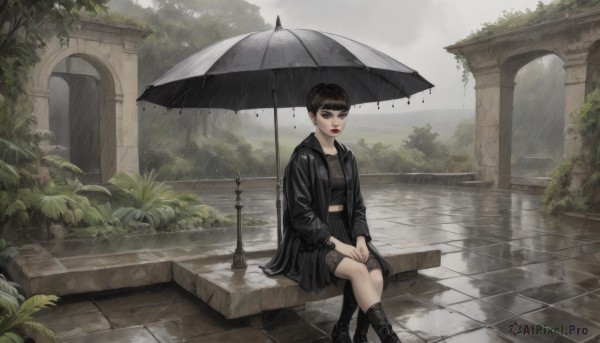 1girl,solo,looking at viewer,smile,short hair,bangs,skirt,shirt,black hair,long sleeves,holding,jewelry,sitting,closed mouth,jacket,pleated skirt,boots,outdoors,open clothes,day,midriff,blunt bangs,black skirt,water,hair bun,black footwear,black eyes,high heels,open jacket,tree,black jacket,black shirt,makeup,umbrella,knee boots,plant,lipstick,building,fishnets,high heel boots,rain,stairs,holding umbrella,red lips,leather,pillar,leather jacket,hands on lap,pavement,leather boots,brown hair,earrings,sky,socks,miniskirt,crop top,crossed legs,cloudy sky,own hands together,scenery,very short hair,ruins,overgrown,black umbrella