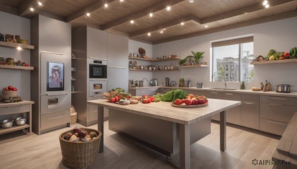 food,indoors,cup,no humans,fruit,chair,table,bottle,plant,scenery,plate,bowl,wooden floor,door,apple,basket,carrot,bread,shelf,kitchen,tomato,vegetable,counter,ceiling light,refrigerator,groceries,sky,window,shadow,box,jar,sink,cutting board