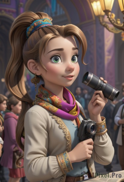 1girl,long hair,looking at viewer,blush,smile,open mouth,multiple girls,skirt,brown hair,shirt,hair ornament,long sleeves,holding,jewelry,green eyes,jacket,upper body,ponytail,earrings,parted lips,multiple boys,open clothes,solo focus,belt,artist name,indoors,scarf,blurry,open jacket,lips,coat,eyelashes,depth of field,blurry background,scrunchie,high ponytail,blue shirt,freckles,camera,brown belt,crowd,holding camera,people,neckerchief,watermark,web address,hair scrunchie,lantern,nose