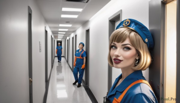 1girl,looking at viewer,smile,short hair,open mouth,bangs,multiple girls,blonde hair,shirt,gloves,1boy,hat,2girls,brown eyes,jewelry,standing,earrings,boots,parted lips,multiple boys,pants,indoors,uniform,lips,grey eyes,makeup,shadow,beret,bob cut,blue shirt,lipstick,blue headwear,realistic,nose,door,red lips,overalls,police,police uniform,jumpsuit,policewoman,hallway,orange gloves,police hat,blue eyes