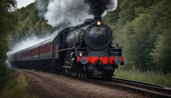 outdoors,multiple boys,sky,day,cloud,tree,military,no humans,ground vehicle,nature,motor vehicle,forest,smoke,realistic,military vehicle,vehicle focus,railroad tracks,grass,tank,machine gun,train,caterpillar tracks