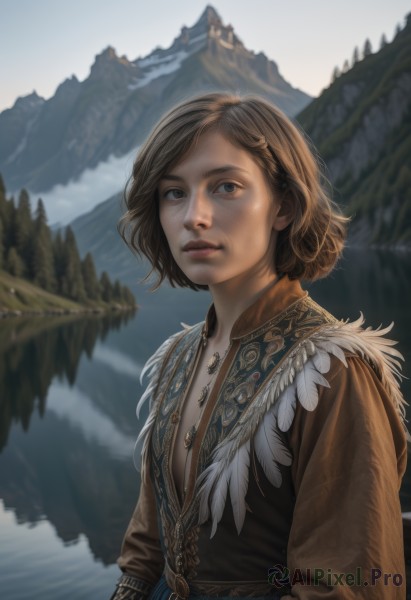 1girl,solo,looking at viewer,short hair,blue eyes,brown hair,shirt,long sleeves,brown eyes,jewelry,closed mouth,upper body,outdoors,sky,day,necklace,blurry,lips,looking to the side,grey eyes,depth of field,blurry background,feathers,freckles,mountain,realistic,nose,fantasy,brown shirt,looking afar,braid