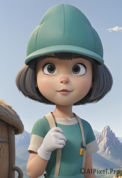 1girl,solo,looking at viewer,smile,short hair,bangs,brown hair,shirt,black hair,gloves,hat,brown eyes,upper body,short sleeves,outdoors,parted lips,sky,day,cloud,white gloves,blue sky,lips,bob cut,suspenders,blue shirt,child,freckles,mountain,green headwear,green shirt,female child,overalls,watermark,clenched hand,web address,nose