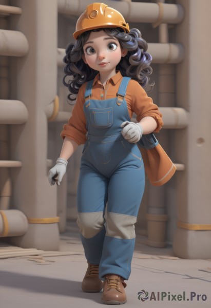 1girl,solo,long hair,looking at viewer,smile,brown hair,shirt,black hair,gloves,holding,brown eyes,closed mouth,standing,full body,boots,shoes,white gloves,bag,lips,brown footwear,helmet,sleeves rolled up,walking,curly hair,overalls,orange shirt,orange headwear,wrench,industrial pipe,hardhat,outdoors,collared shirt,buttons