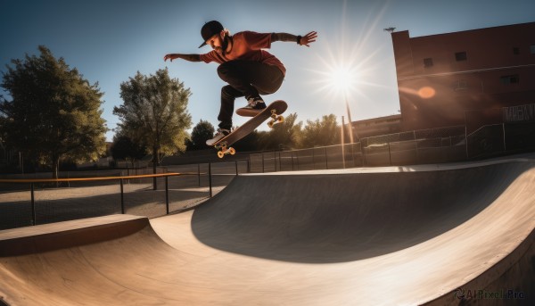 1girl,solo,long hair,breasts,shirt,black hair,gloves,hat,jacket,ponytail,outdoors,sky,shoes,day,pants,fingerless gloves,tree,blue sky,sunlight,building,red shirt,sneakers,baseball cap,lens flare,sun,road,skates,skateboard,1boy,ground vehicle,scenery,sunset,jumping,lamppost,street,park,guard rail