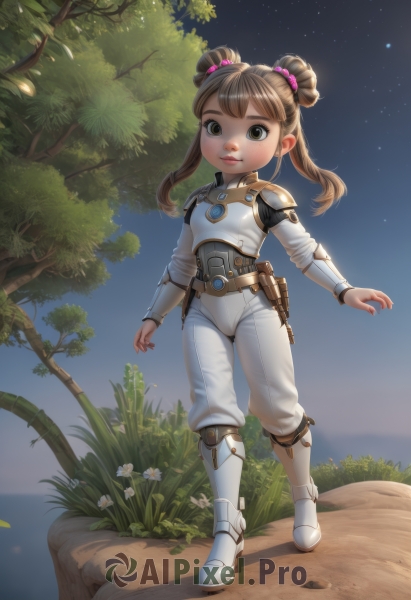 1girl,solo,long hair,looking at viewer,smile,bangs,brown hair,twintails,brown eyes,closed mouth,standing,full body,flower,boots,outdoors,sky,belt,pants,hair bun,armor,tree,lips,double bun,night,white footwear,grass,shoulder armor,child,star (sky),night sky,starry sky,pauldrons,pouch,breastplate,white pants,female child,hair ornament,bodysuit,white bodysuit