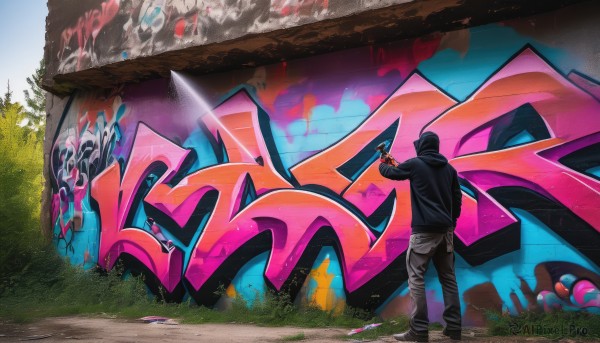 solo,short hair,gloves,long sleeves,1boy,standing,jacket,full body,male focus,outdoors,shoes,day,pants,hood,from behind,black footwear,tree,black jacket,hoodie,mask,black pants,hood down,grass,sneakers,hooded jacket,hood up,wall,black hoodie,graffiti,spray can,holding,ground vehicle,motor vehicle,car,sweatpants,skateboard