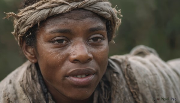 solo,looking at viewer,smile,brown hair,1boy,brown eyes,upper body,male focus,parted lips,teeth,blurry,black eyes,depth of field,blurry background,portrait,realistic,black hair,close-up,freckles,meme,laurel crown