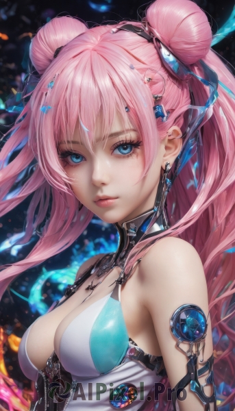 1girl,solo,long hair,breasts,looking at viewer,bangs,blue eyes,hair ornament,cleavage,bare shoulders,twintails,jewelry,medium breasts,closed mouth,upper body,pink hair,earrings,sleeveless,shiny,artist name,hair bun,lips,eyelashes,double bun,makeup,armlet,zipper,pink lips,nose,mascara,necklace,gem