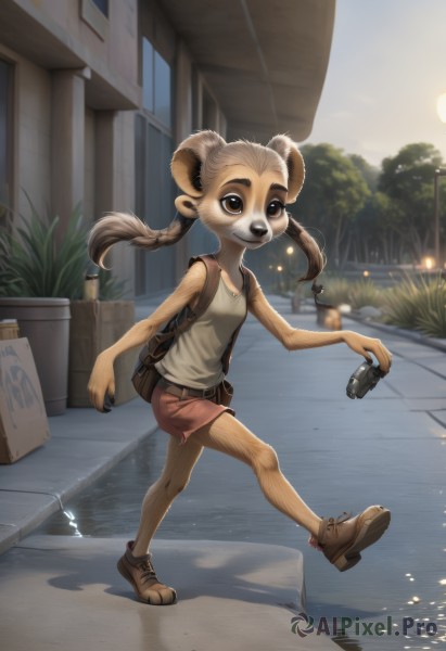 1girl,solo,long hair,brown hair,shirt,holding,animal ears,twintails,brown eyes,full body,small breasts,outdoors,horns,sky,shoes,shorts,sleeveless,day,belt,bag,tree,short shorts,sleeveless shirt,brown footwear,backpack,plant,furry,walking,running,furry female,road,controller,furry male,red shorts,lamppost,brown shorts,street,smile,ponytail,braid,boots,artist name,flat chest,window,night,tank top,grass,building,camera,animal nose