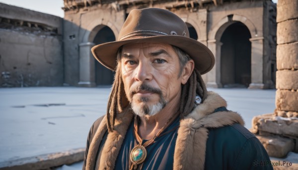 solo,long hair,looking at viewer,blue eyes,1boy,hat,jewelry,closed mouth,upper body,braid,grey hair,male focus,outdoors,day,necklace,blurry,coat,fur trim,blurry background,facial hair,portrait,beard,snow,pendant,realistic,mustache,brown headwear,old,old man,brown hair,shirt,lips,blue shirt,gem,manly,blue coat,cowboy hat