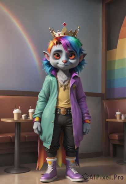 solo,looking at viewer,smile,shirt,red eyes,1boy,jewelry,blue hair,standing,jacket,full body,pink hair,purple hair,male focus,multicolored hair,open clothes,shoes,pointy ears,socks,belt,pants,indoors,necklace,open jacket,cup,coat,orange eyes,gradient hair,colored skin,black pants,table,crown,sneakers,child,furry,androgynous,1other,buckle,personification,colored sclera,open coat,yellow shirt,belt buckle,female child,male child,purple footwear,grey skin,rainbow,shoelaces,rainbow hair,animal ears,food,green hair,teeth,artist name,bracelet,two-tone hair,watermark,web address,cake,furry male,white fur,panda,grey fur