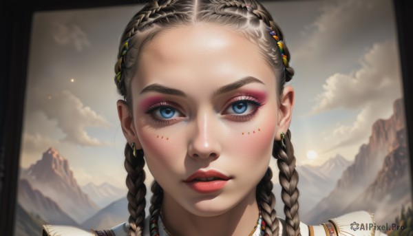 1girl,solo,long hair,looking at viewer,blue eyes,brown hair,hair ornament,jewelry,braid,earrings,outdoors,parted lips,sky,day,cloud,necklace,blurry,twin braids,lips,eyelashes,makeup,cloudy sky,lipstick,portrait,forehead,eyeshadow,freckles,mountain,realistic,red lips,mountainous horizon,mascara,multiple braids,facial mark,sunlight,nose,sun