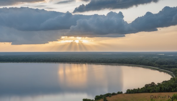 outdoors,sky,day,cloud,water,blurry,tree,no humans,ocean,sunlight,cloudy sky,grass,nature,scenery,forest,sunset,light rays,mountain,sun,horizon,road,landscape,depth of field,beach,lake