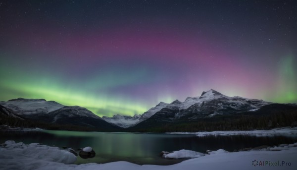 hat,outdoors,sky,water,tree,no humans,night,star (sky),nature,night sky,scenery,snow,starry sky,reflection,rock,mountain,winter,river,landscape,mountainous horizon,lake,aurora