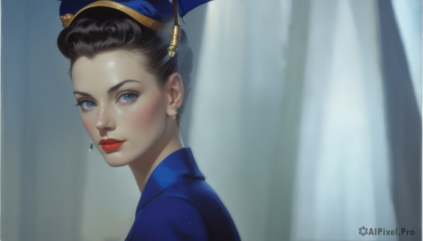 1girl,solo,looking at viewer,blush,short hair,blue eyes,black hair,hat,jewelry,closed mouth,earrings,uniform,from side,lips,eyelashes,makeup,lipstick,portrait,blue headwear,realistic,nose,red lips,stud earrings,police hat,hair ornament,dress,upper body,umbrella,curtains