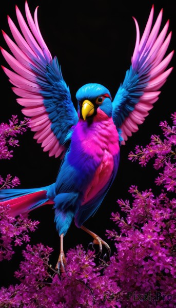 solo,looking at viewer,simple background,closed mouth,full body,flower,wings,pokemon (creature),no humans,bird,animal,black background,cherry blossoms,pink flower,branch,animal focus,talons,beak,spread wings,standing,watermark,feathers,flying,parrot