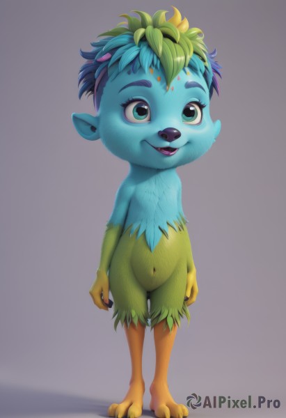 solo,smile,open mouth,blue eyes,simple background,1boy,navel,green eyes,blue hair,standing,full body,male focus,multicolored hair,green hair,teeth,grey background,colored skin,claws,furry,furry male,body fur,buck teeth,blue fur,1girl,short hair,pointy ears,realistic