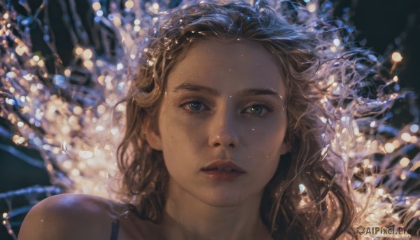 1girl,solo,long hair,looking at viewer,blue eyes,brown hair,bare shoulders,parted lips,teeth,blurry,lips,depth of field,blurry background,portrait,freckles,realistic,green eyes,eyelashes,nose,spaghetti strap,light,bokeh