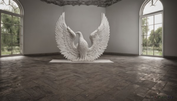 wings,day,indoors,tree,no humans,window,sunlight,plant,scenery,feathered wings,angel wings,wooden floor,white wings,bird,tiles,wall,tile floor,grey theme