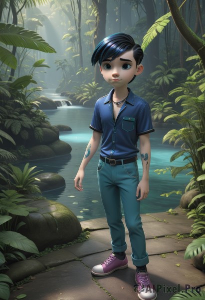 solo,looking at viewer,short hair,blue eyes,shirt,black hair,1boy,jewelry,standing,full body,short sleeves,male focus,outdoors,shoes,day,collared shirt,belt,pants,artist name,water,necklace,black eyes,tree,tattoo,leaf,blue shirt,plant,denim,sneakers,child,nature,forest,pocket,jeans,blue pants,male child,purple footwear,blue hair,grass,rock,lily pad