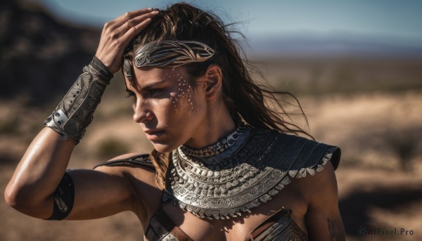 1girl,solo,long hair,breasts,brown hair,black hair,cleavage,jewelry,medium breasts,closed eyes,upper body,outdoors,dark skin,armor,blurry,arm up,lips,blurry background,shoulder armor,armlet,realistic,bracer,hand on own head,dirty,desert,gorget,chainmail,scar,ring